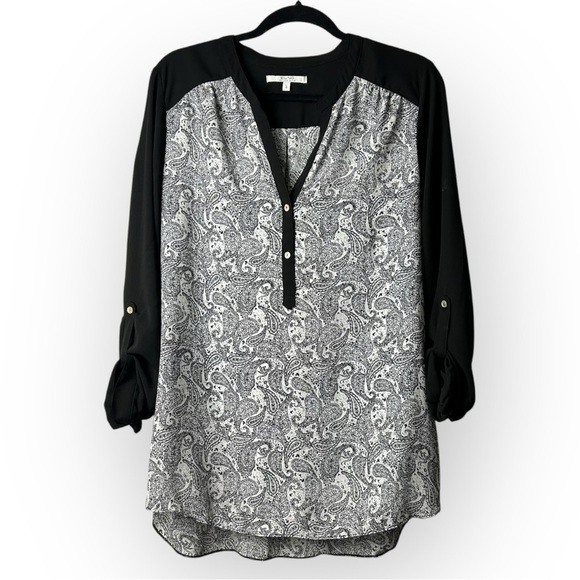SUNG Alfred Sung Black and White Paisley 3/4 Sleeve Top L - Picture 1 of 6